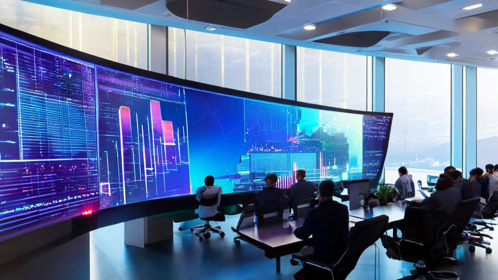 Engineers analyzing LinkedIn client data using AI technology in a high-tech office, with ByteDance's Seed-Coder model poster in the background