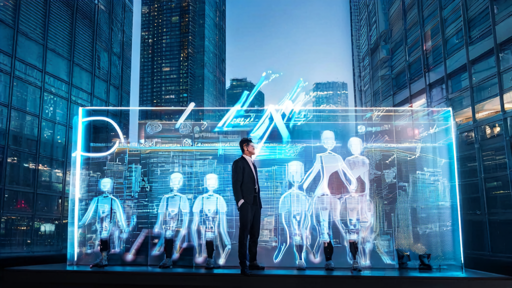 In a futuristic city, an entrepreneur uses AI technology for customer data acquisition and market analysis, showcasing the application of AI-driven acquisition.