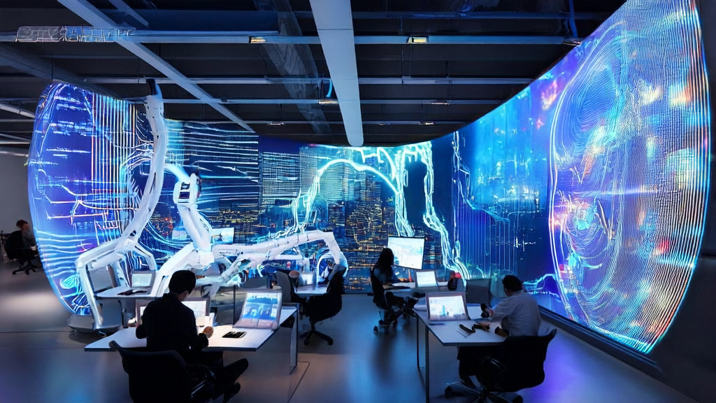 A futuristic office environment showcasing the application of AI in optimizing advertising placements