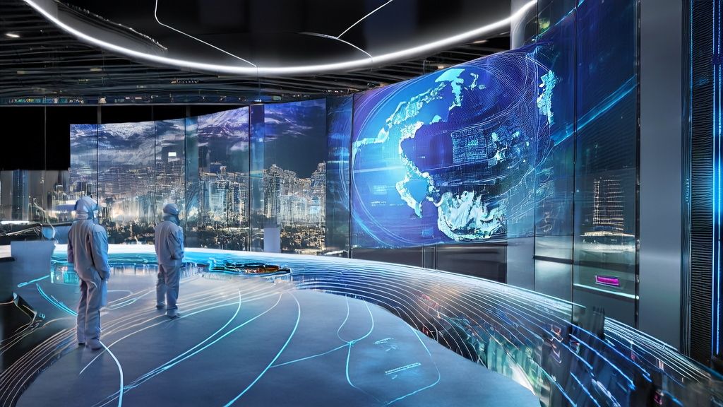The control center in a futuristic city showcases the application of AI acquisition technology and the Google AlphaEarth model, with engineers operating and monitoring the system.