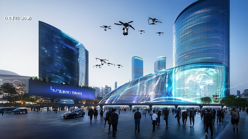 未来城市中的AI广告投放场景，展示Kimik2模型的广告屏和智能广告牌