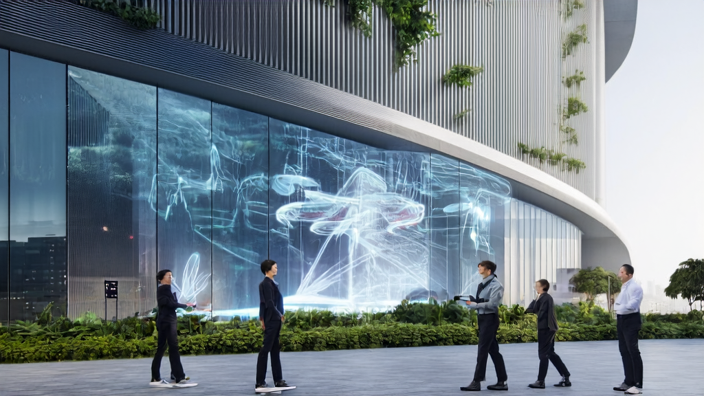 未来办公室中人们与AI客户服务助手互动的场景