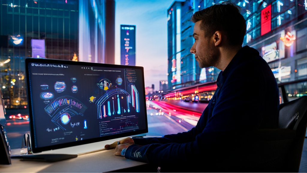 An e-commerce entrepreneur using Google Gemini for AI customer acquisition analysis in a night office setting
