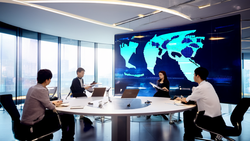 A modern office bathed in sunlight, where a team is enthusiastically discussing AI acquisition strategies with GPT-5 interface and data analysis displayed on the screen.