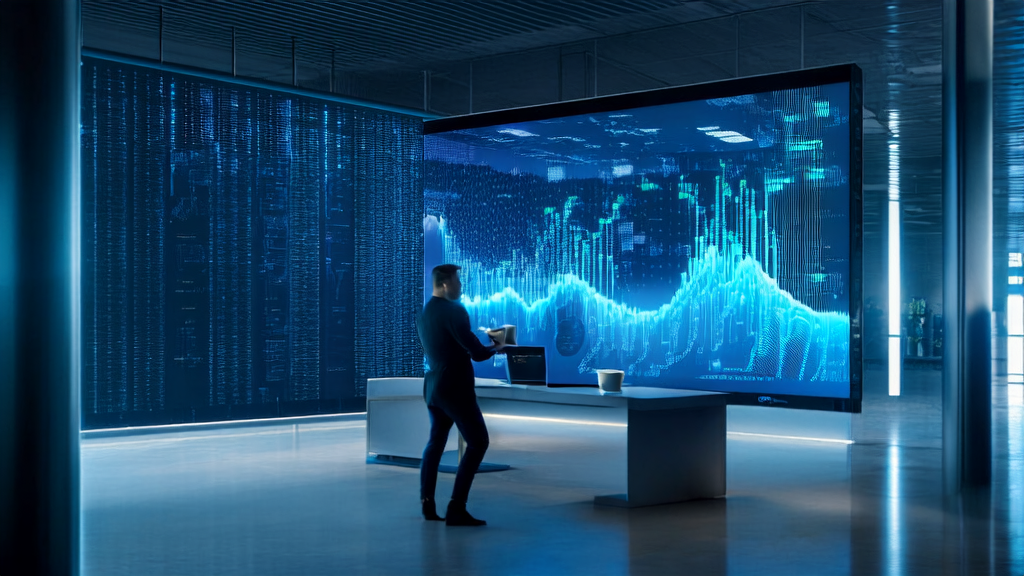 In a futuristic office, a marketing expert uses AI technology to optimize email marketing strategies
