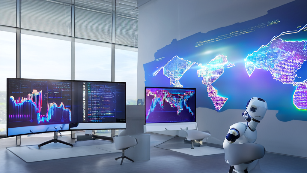 阳光照射下的现代化办公室，展示AI技术和数据分析的应用，墙上挂着标记重要市场的全球地图，角落里有机器人助手。