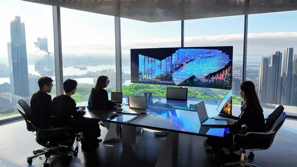 In a modern office, team members are utilizing AI technology for customer data collection and analysis, with a poster of the Matrix-Game model on the wall.