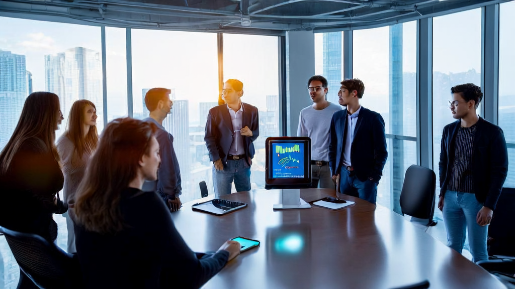 Modern office environment where entrepreneurs are using AI acquisition tools for data analysis and discussion