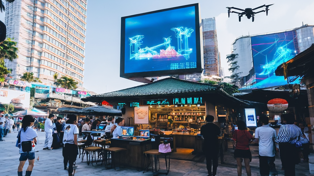 东南亚城市的街头场景，展示AI生成视频广告吸引路人，体现AI获客技术的应用