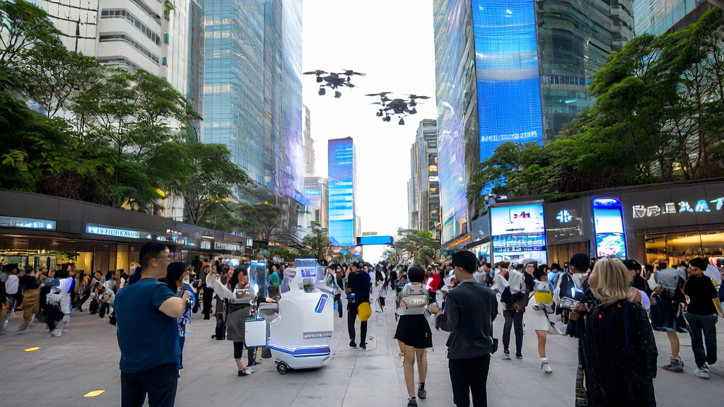 东南亚市场中繁忙的城市街头,展示AI技术和机器人视觉的应用