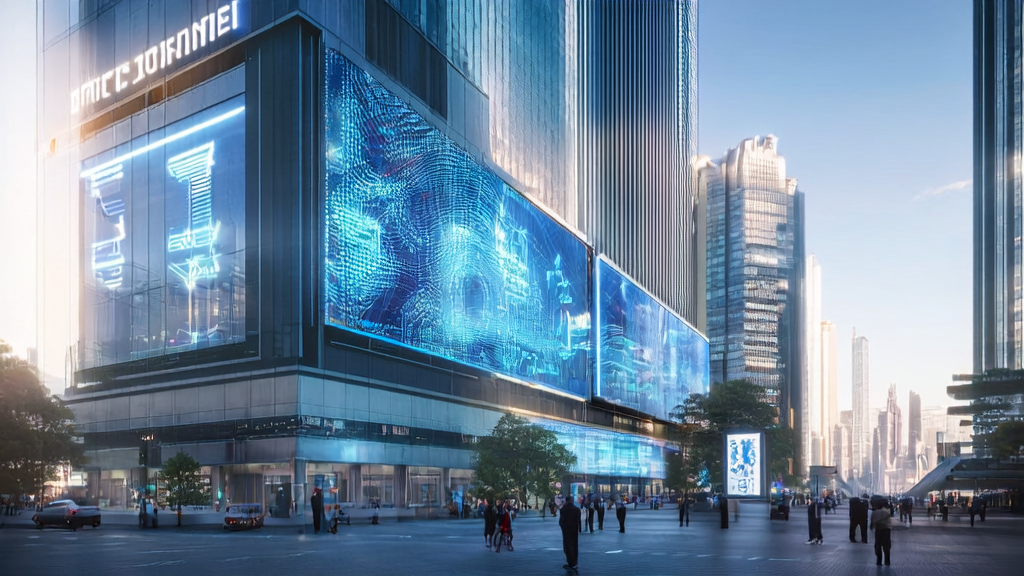 A futuristic cityscape showcasing AI acquisition technologies and the AI content labeling regulations effective September 1st