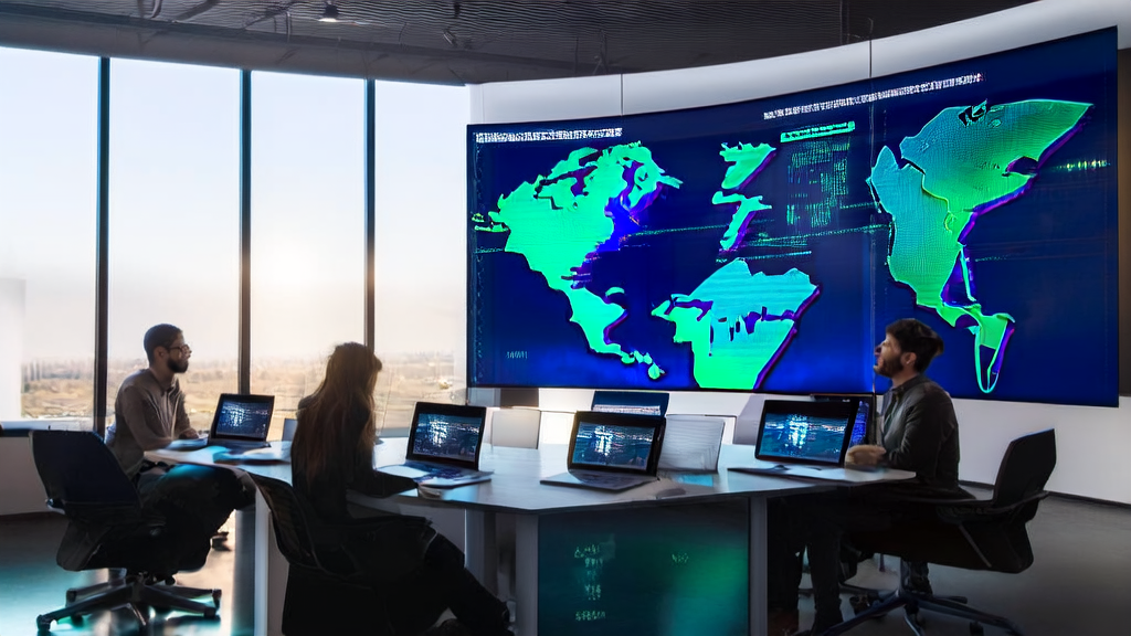 A modern office where young entrepreneurs are discussing AI acquisition strategies, with the background showcasing the success story of Lava Payments.