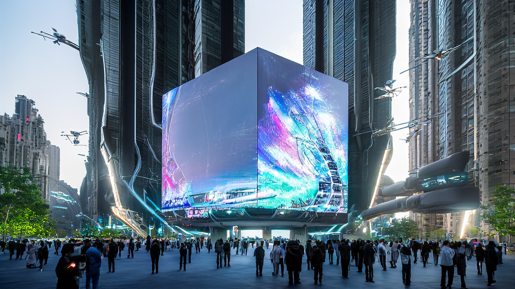 未来城市中的独立站，展示昆仑万维Matrix-Game大模型，吸引路人互动体验