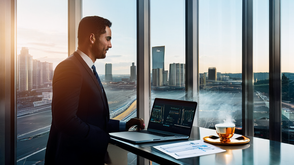 An executive of an export company using AI technology for customer data analysis and optimizing marketing strategies in a modern office.