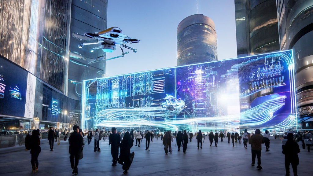 A futuristic city street showcasing Alibaba Qwen 3's AI acquisition solutions, attracting passersby.