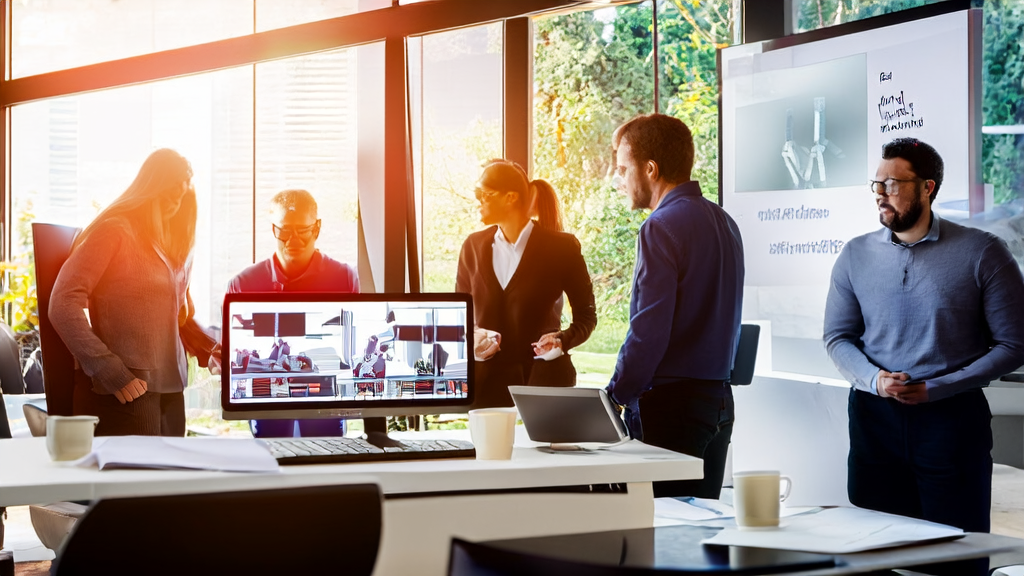 In a modern office bathed in sunlight, tech professionals are discussing the SeedEdit 3.0 image editing model and AI-based high-conversion email strategies.