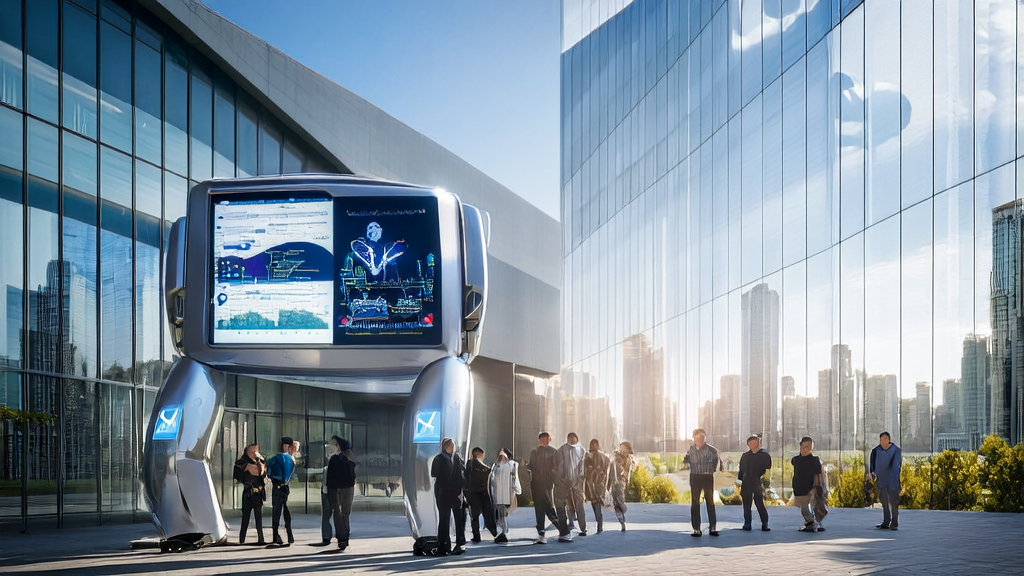 Foreign trade company employees gather around an AI robot analyzing data, showcasing the application of AI acquisition technology