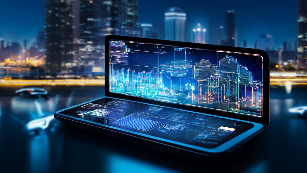 A businessperson in a futuristic city using AI email templates for personalized marketing