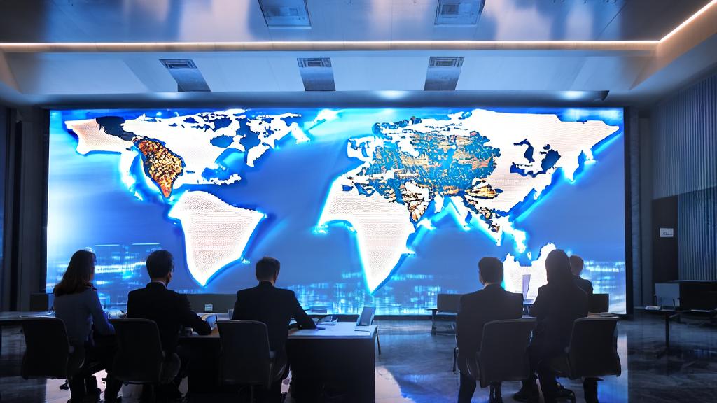 AI technology empowering foreign trade businesses to acquire customers efficiently, showcasing a modern office scene with global connectivity