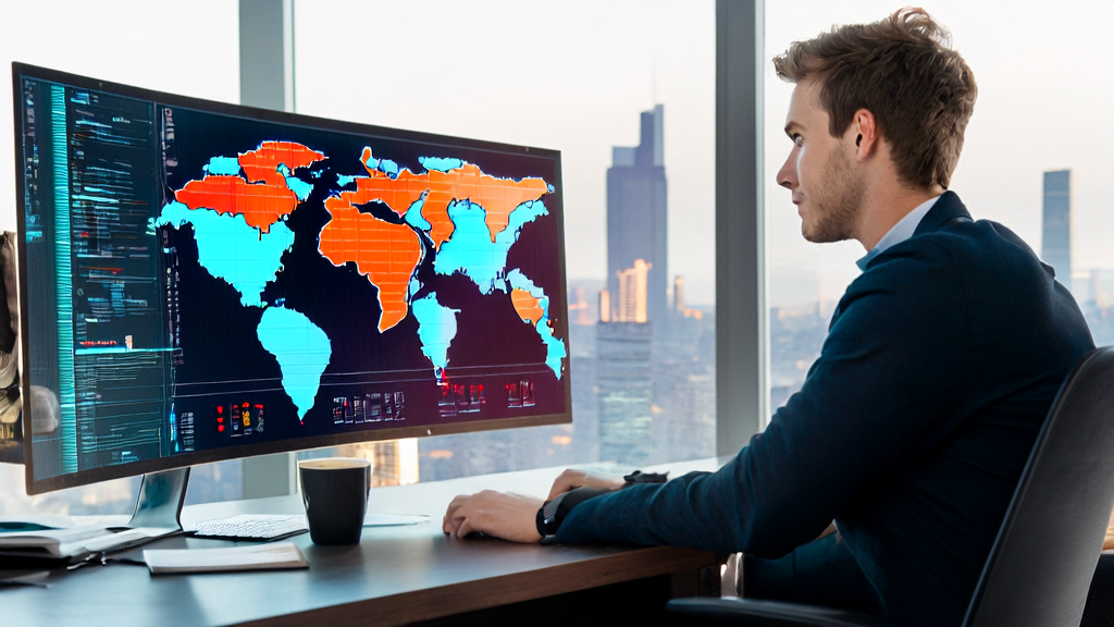 A young entrepreneur using Barracuda's multi-modal AI system in a modern office with a world map and city skyline in the background.