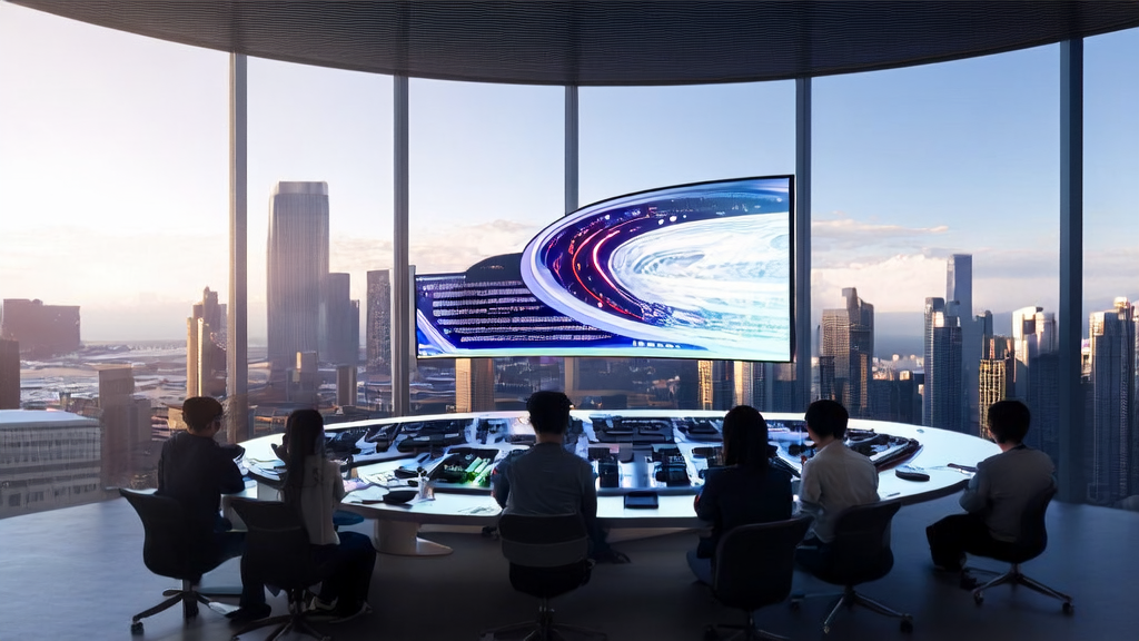 未来科技办公室中，年轻程序员们正在使用智能AI技术进行客户获取和数据分析
