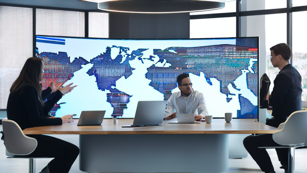 In a modern office, export enterprise employees are discussing AI-based customer acquisition using the X1 deep reasoning model.