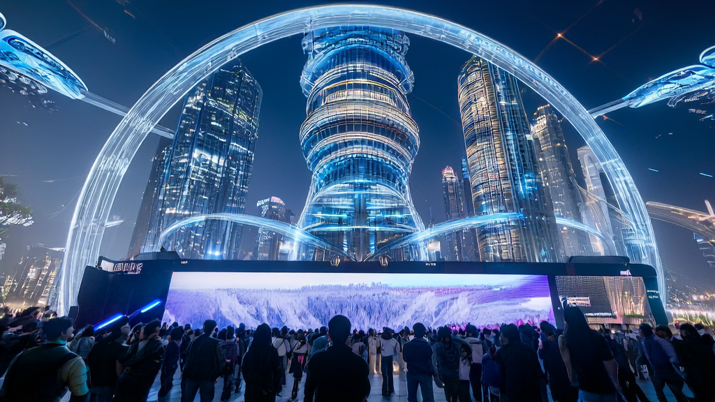 People in a futuristic city gather to watch a demonstration of Tencent Games' VISVISE AI toolkit, showcasing the potential of AI technology to drive enterprise growth