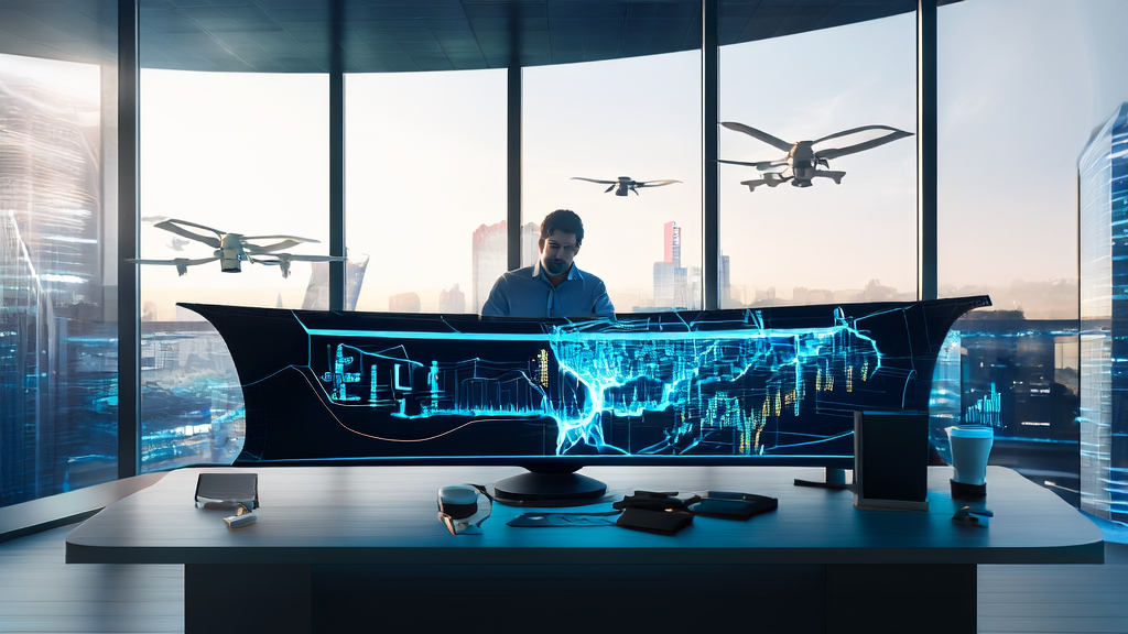 An entrepreneur in a modern office using AI technology to optimize customer acquisition strategies