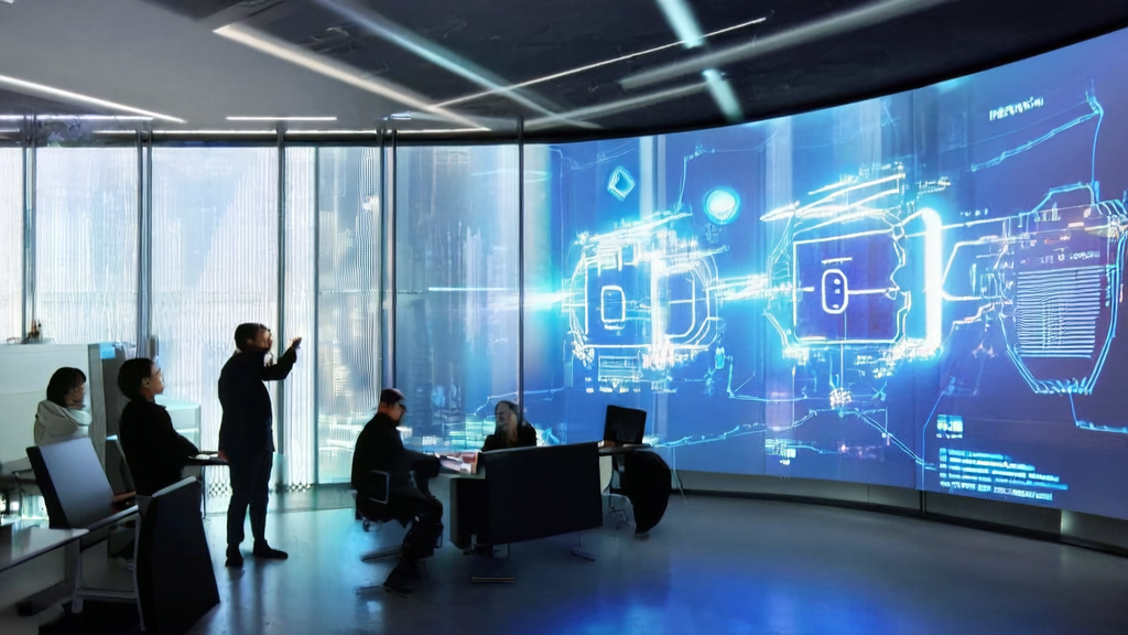未来科技办公室内，员工使用AI系统进行3D对象定位和协作推理，提升LinkedIn客户获取效率。