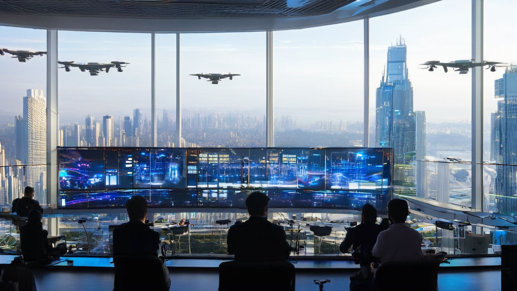A futuristic AI acquisition studio where engineers use the Genie Envisioner platform by Zhiyuan Robotics to screen and analyze potential high-value customers.