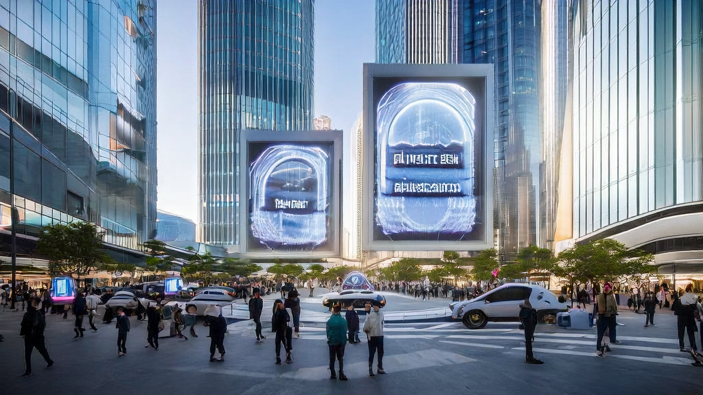 A futuristic city where businesses utilize Google AI search optimization for smart marketing and customer acquisition