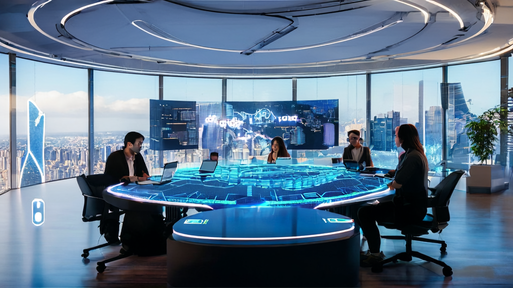 In a futuristic office, marketing experts discuss high-conversion email strategies using GPT-5.1-Codex-Max