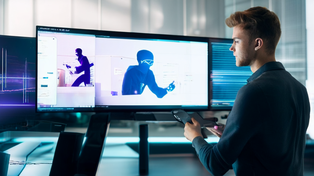 A modern office with sunlight, where an entrepreneur uses HeyGen UGC Advertising Digital Human to generate product introduction videos, showcasing AI innovation in marketing.