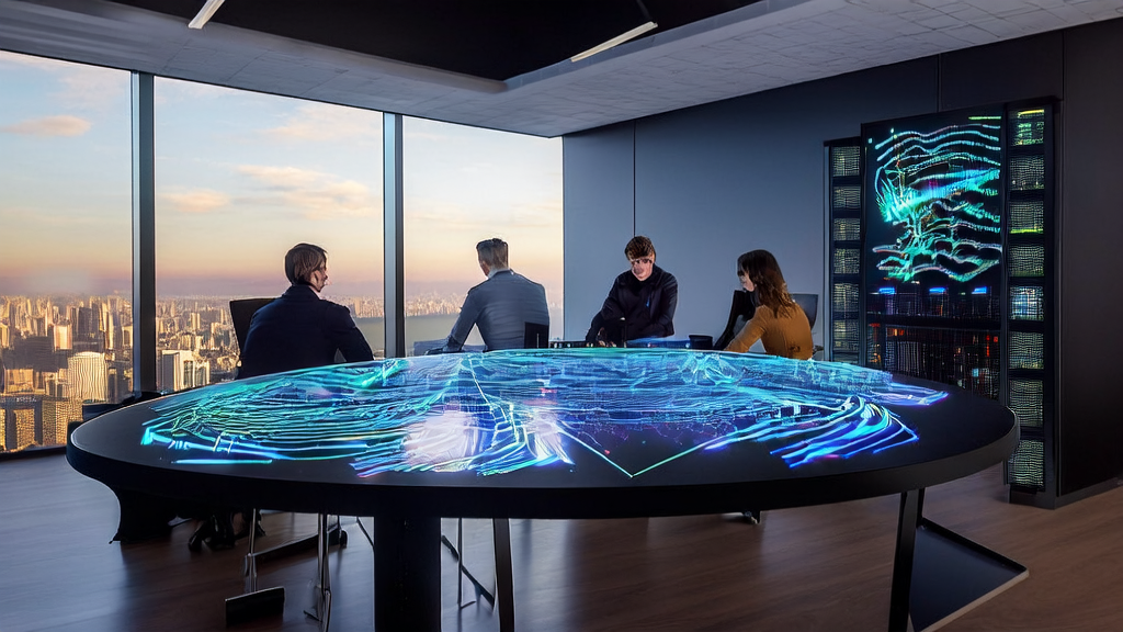 Young entrepreneurs in a modern office using AI technology to enhance customer acquisition efficiency, with a poster of Microsoft's Aurora model in the background