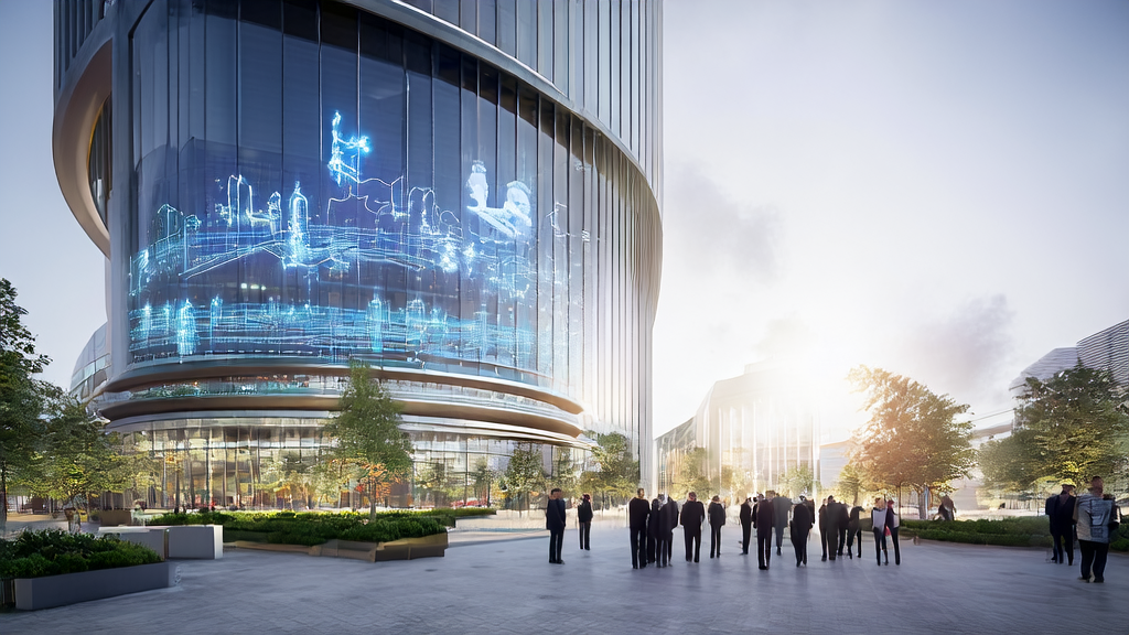 A modern office park showcasing the application of Alibaba's Qwen3-Next model, highlighting the innovation of AI technology in e-commerce customer acquisition.