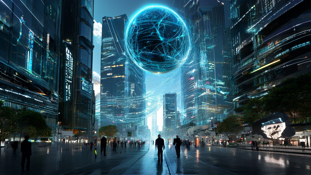 Business owner using virtual satellite AlphaEarth for efficient customer acquisition in a futuristic cityscape