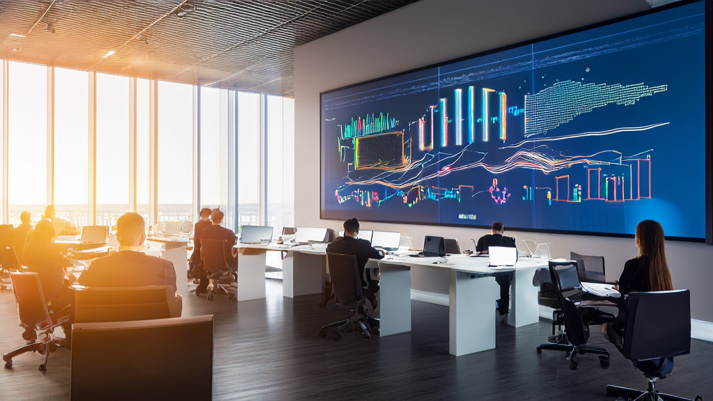 现代办公室中员工利用AI工具分析LinkedIn客户数据，实现精准营销和高效获客。