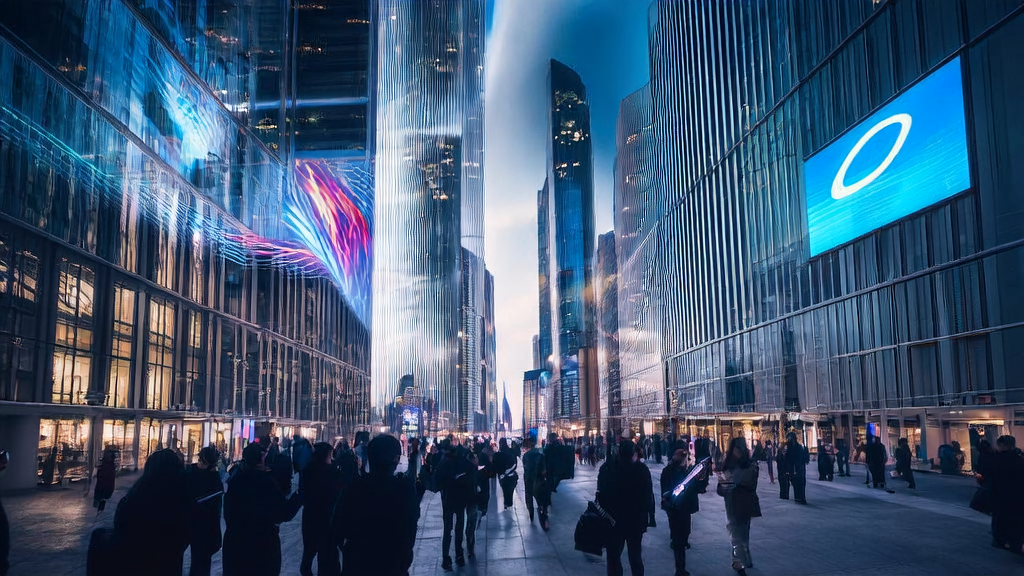 A futuristic city scene showcasing AI acquisition with Meta's latest perception breakthroughs and Twitter data analysis