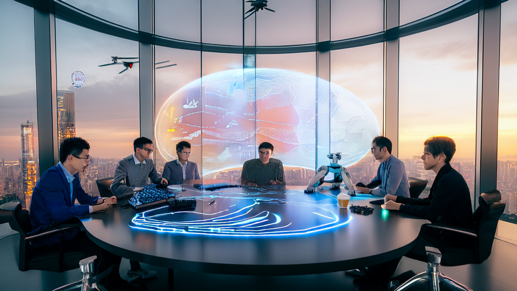 Engineers discussing AI prediction models in a modern office with a bustling city skyline in the background