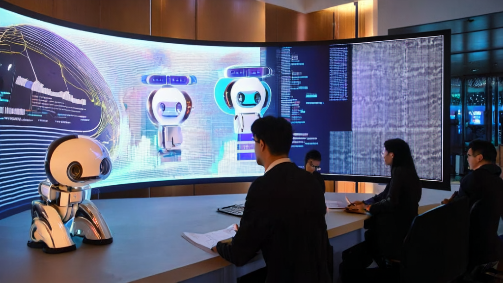 Employees in a modern office monitoring customer acquisition processes through AI systems, showcasing the latest RoboOS2.0 and RoboBrain2.0 technologies from Zhiyuan Research Institute