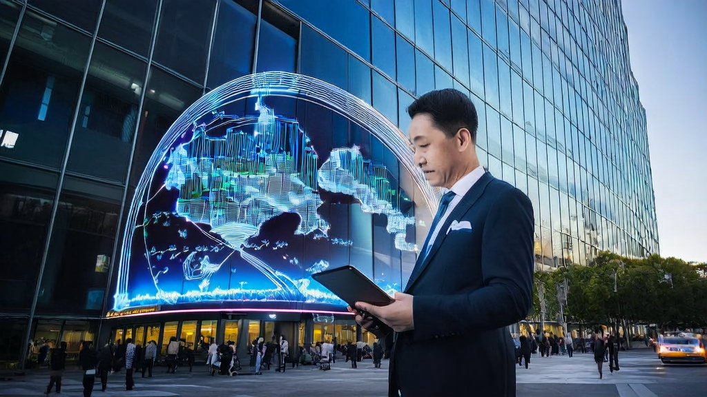 Modern office scene where an export company CEO uses AI for precise customer acquisition, with a background showcasing Luo Yonghao's digital human live streaming advertisement