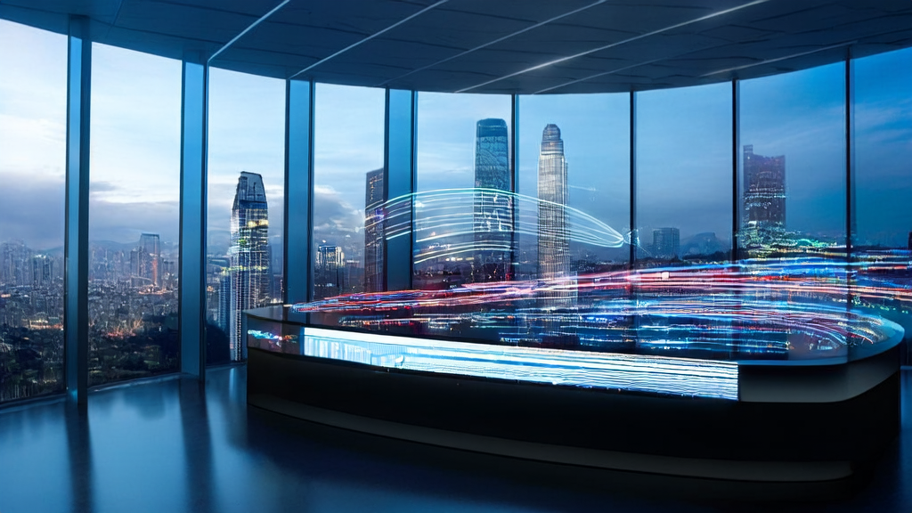 Scene of AI acquisition in a modern office, showcasing AI assistant processing data and customer profiles