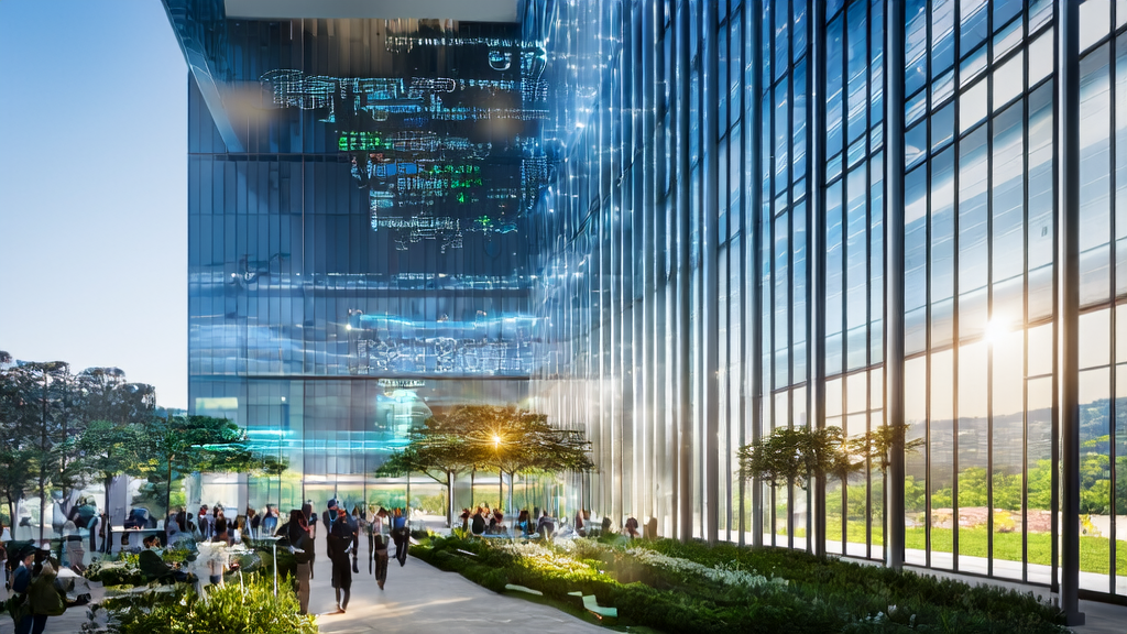 全球化的办公大楼中，员工们利用AI技术进行多语言内容生成，吸引国际客户。