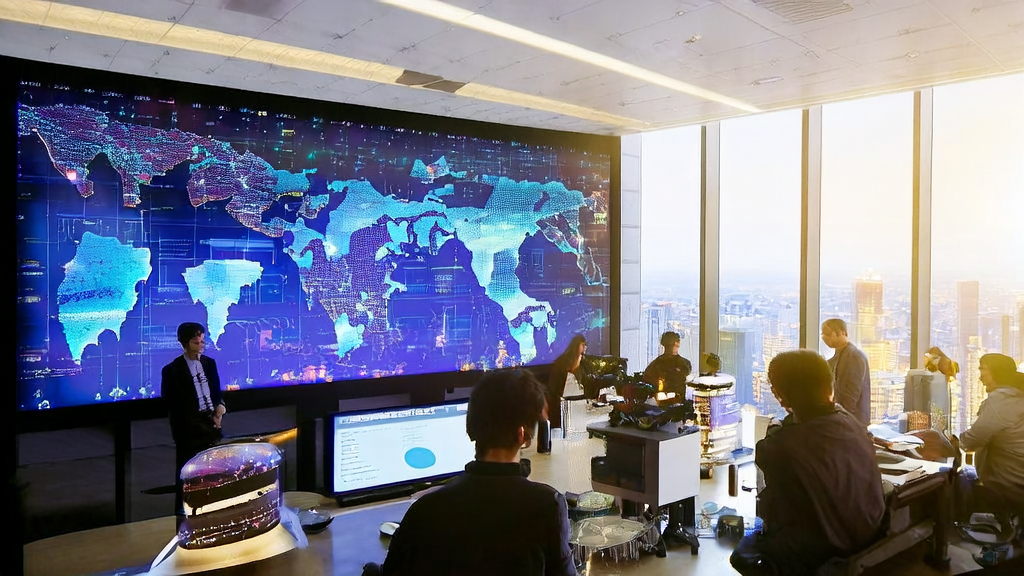 E-commerce office showcasing ChatGPT social features and global sales growth points