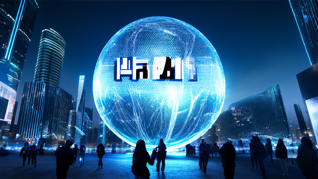 In a futuristic city, people interact with the M2.1 model via smart devices for precise ad targeting