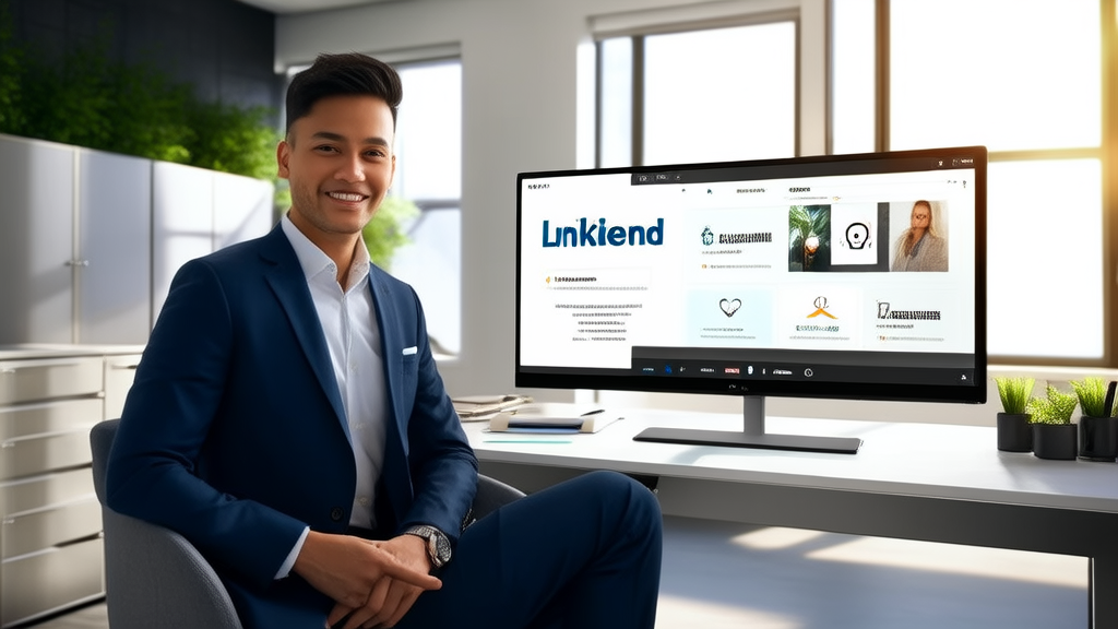 年轻创业者在现代化办公室使用AI获客工具分析LinkedIn数据，并展示心理健康工具