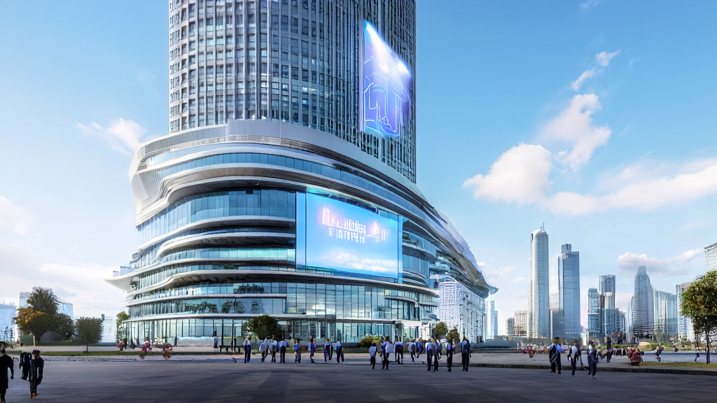 In front of a modern office building in a futuristic city, technicians celebrate Lingyu Intelligence's successful fundraising, showcasing applications of human-machine hybrid intelligence.