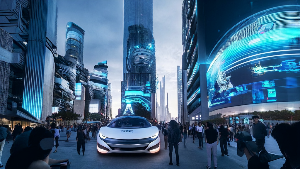A self-driving car displaying AI acquisition ads in a futuristic city with smart buildings and digital screens