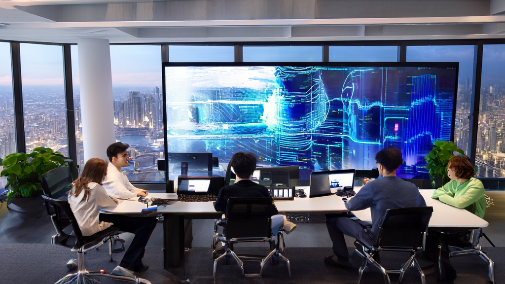 智能营销自动化中的AI力量：展示硅基流动与阿里云合作的现代化办公室场景