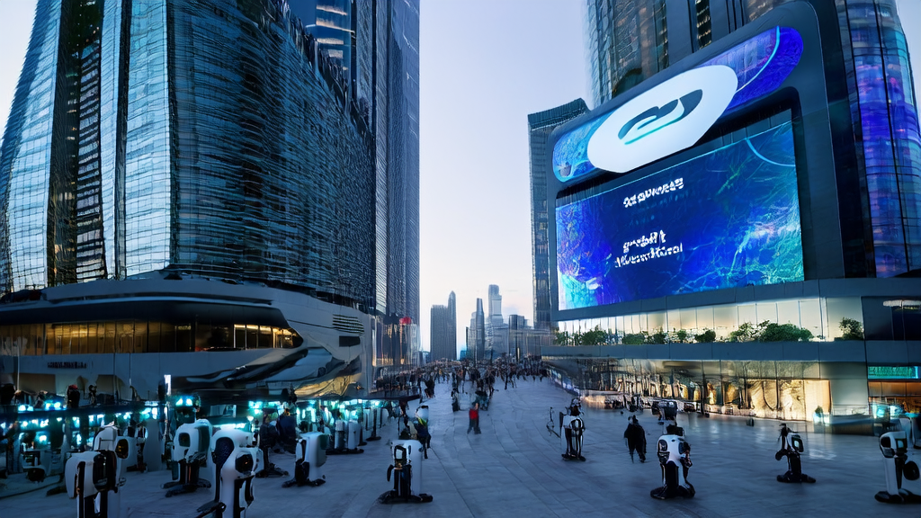 未来城市中展示AI智能获客系统的巨大电子屏幕和穿梭的智能机器人